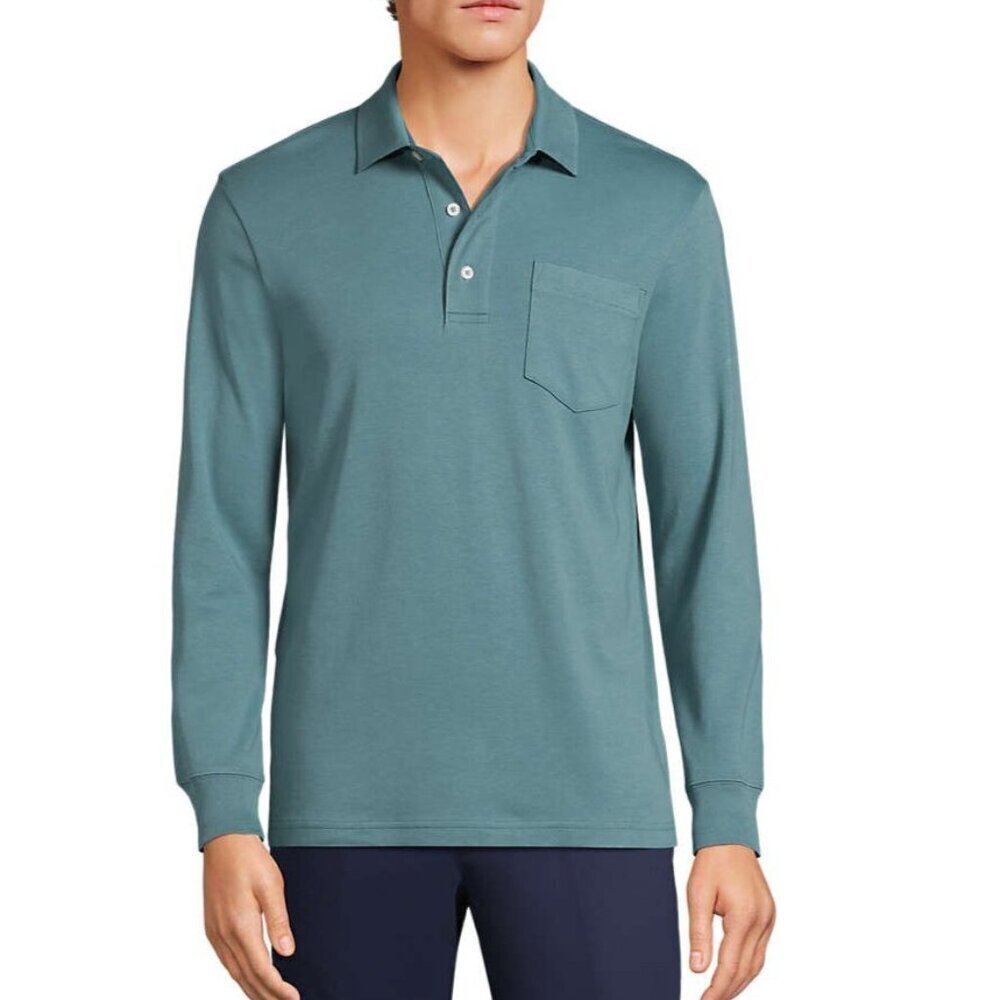NWOT Lands' End Men's XL Traditional Fit Long-Sleeve Polo Shirt Teal Cotton - Picture 1 of 8